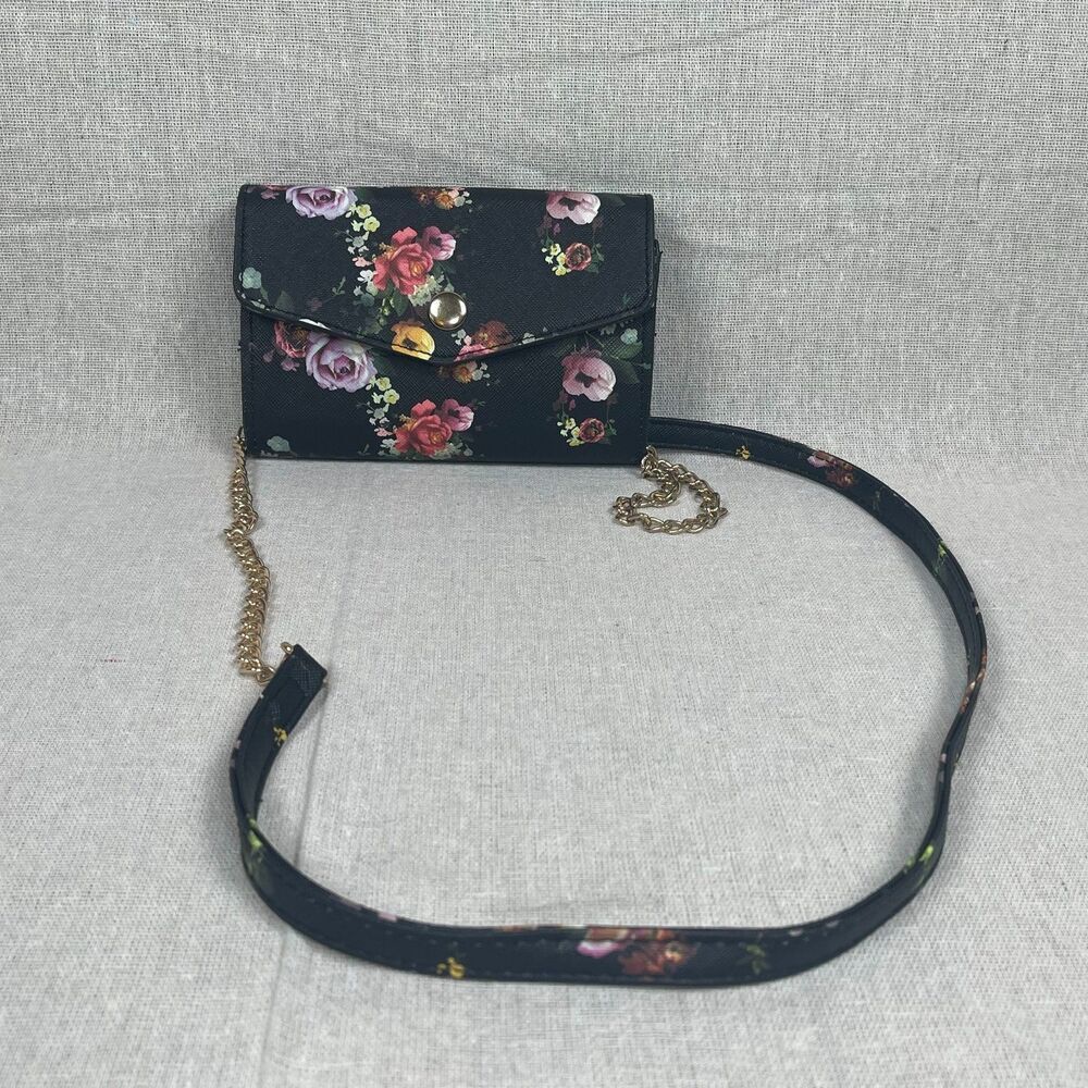 Black Floral Vegan Leather Mini Crossbody Bag